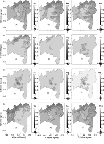 Figure 6. Fuzzy mapping of monthly climate favorability for the cultivation of conilon coffee in the state of Bahia. Jan – (A); Feb – (B); Mar – (C); Apr – (D); May – (E); Jun – (F); Jul – (G); Aug – (H); Sep – (I); Oct – (J); Nov – (K); Dec – (L)); Pertinence with values close to or equal to 0 – Less climatic favorability for the development of conilon coffee; Pertinence with values close to or equal to 1 – Greater climatic favorability for the development of conilon coffee