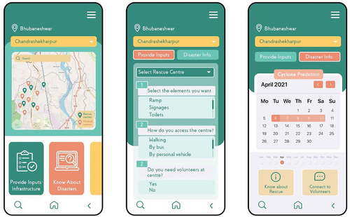 Figure 3. Snippets of the mobile application to be used in the post-disaster scenario for rescue, relief and recovery.