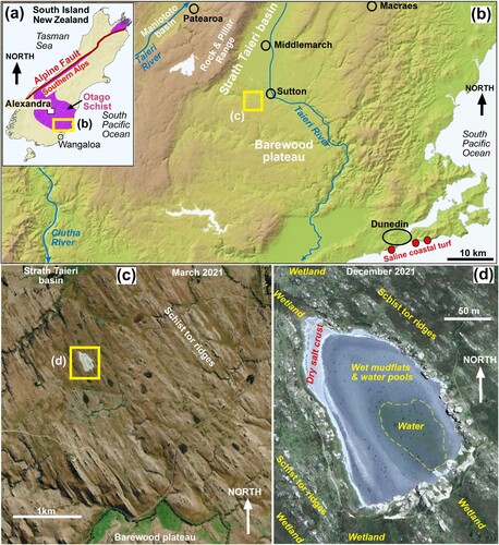 Figure 1. Location, with geological and topographic settings for the Sutton Salt Lake. A, Otago Schist forms basement and source of lake sediment in southern South Island. B, DEM of eastern Otago, showing the location of the lake between the Barewood plateau and the Strath Taieri basin. C, Vertical aerial photograph (from Google Earth, March 2021) of the lake (white; fully evaporated) in a depression between ridges of schist tors. D, Vertical aerial photograph (from Google Earth, December 2021) of the lake with partial evaporation. Whiter shore-parallel rings on west side are slightly higher ridges on lake bed with more advanced drying and salt accumulation.