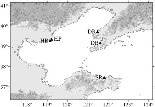Figure 1. Locations of five sampling sites of U. unicinctus. (Dalian black, DB, 121°36′59.71″E, 39°09′59.15″N; Dalian red, DR, 121°28′32.60″E, 39°43′22.83″N; Hebei purple, HP, 119°12′08.52″E, 39°20′41.66″N; Hebei black, HB, 119°07′56.54″E, 39°16′45.39″N; Shandong red, SR, 121°48′40.20″E, 37°27′45.26″N).