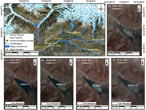 Figure 1. Study area map showing satellite view of the region and Shisper glacial lake: (A) major locations, glacial bodies, road networks and lake (B) Lake after the breach of 7 May 2022 (lake area: 0.21 km2), (C) Lake before the breach on 17 April 2022 (lake area: 0.26 km2), (D) 30 April 2022 (lake area: 0.30 km2), (E) 2 May 2022 (lake area: 0.37 km2), and (F) 5 May 2022 (lake area: 0.38 km2).