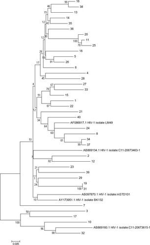 Figure 4 Phylogeny from 38 patients enrolled from the 2017 VCT program who received NGS and sanger sequencing were inferred from the integrase gene sequences. (Subtype B reference strain: AB869134, AF86817, AB097870, AY173951. Subtype 01AE reference strain: AB869160). One cluster was detected (sample 19 and 31).