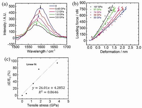 Figure 3. (a) Raman spectra recorded on the same carbon fiber under five different tensile stresses; (b) force-deformation curves recorded by using AFM on the same carbon fiber under the same tensile stress in (a); and (c) correlation between the relative change of indentation moduli and the tensile stresses as calibrated by Raman spectroscopy