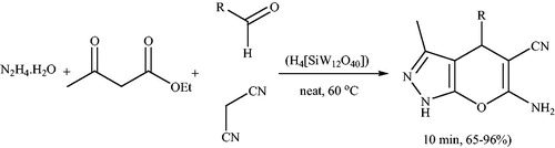 Scheme 15. Synthesis of pyrano[2,3-c]pyrazoles in the presence of silicotungstic acid.