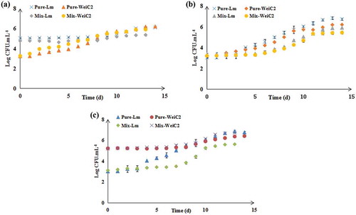 Figure 5. Change of pH in different culture conditions during storage at 4°C (n = 3). (a): Change of pH in the coculture of W. viridescens C1 and L. monocytogenes; (b): Change of pH in the coculture of W. viridescens C2 and L. monocytogenes. WeiC1: the pH value in W. viridescens C1 monoculture; WeiC2: the pH value in W. viridescens C2 monoculture; Lis19115: the pH value in L. monocytogenes monoculture; WeiC1Lis19115: the pH value in the coculture of W. viridescens C1 and L. monocytogenes; WeiC2Lis19115: the pH value in the coculture of W. viridescens C2 and L. monocytogenes.Figura 5. Cambio de pH en distintas condiciones de cultivo, almacenado a 4°C (n = 3). (a): Cambio de pH en el cocultivo de W. viridescens C1 y L. monocytogenes; (b): Cambio de pH en el cocultivo de W. viridescens C2 y L. monocytogenes. WeiC1: el valor de pH en el monocultivo C1 de W. viridescens; WeiC2: el valor de pH en el monocultivo C2 de W. viridescens; Lis19115: el valor de pH en el monocultivo de L. monocytogenes; WeiC1Lis19115: el valor de pH en el cocultivo de W. viridescens C1 y L. monocytogenes; WeiC2Lis19115: el valor de pH en el cocultivo de W. viridescens C2 y L. monocytogenes.