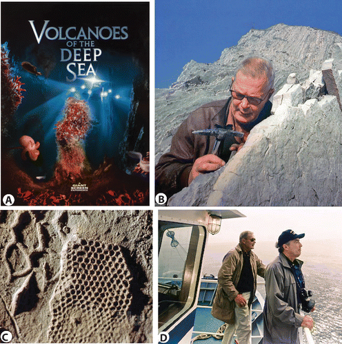 Figure 6. Dolf the movie star. A. The DVD cover for the movie “Volcanoes of the Deep”, B. Dolf doing field work at the Zumaya Flysch in Spain, C. Paleodictyon nodosum, D. Dolf and Peter Rona aboard the research vessel Atlantis.