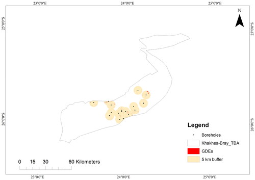 Figure 8. Association of GDEs to boreholes within 5 km buffer in Khakea–Bray transboundary aquifer.