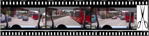 Figure 1 The 3 images represent the end of a video-clip (for example, this clip where the hazard is a bus that enters our lane) followed by an occlusion panel (cut-to-black) and finally the 4 multiple choice options are shown on screen.