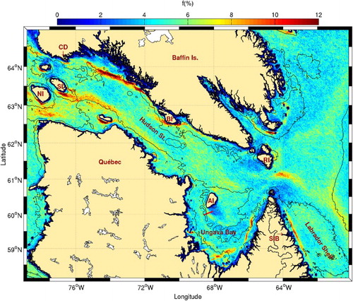 Fig. 2 Mean frontal frequency (1986–2010) for Hudson Strait, Ungava Bay, and the northern Labrador Shelf. Isobaths at 50, 200, and 1000 m are shown. The locations of Cape Dorset (CD), Salisbury (SI), Nottingham (NI), Big (BI), Resolution (RI), and Akpatok (AI) islands, and Seven Islands Bay (SIB) are shown. The red line near Akpatok Island corresponds to the cross-front transect described in Taggart, Drinkwater, Frank, McRuer, and Larouche (Citation1989).