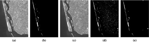 Figure 3. Illustration of results with Cartosat-2 imagery (a) Original image, (b) Ground truth, (c) MM processed image (intermediate stage), (d) Classification outcome, (e) Proposed MM algorithm outcome.