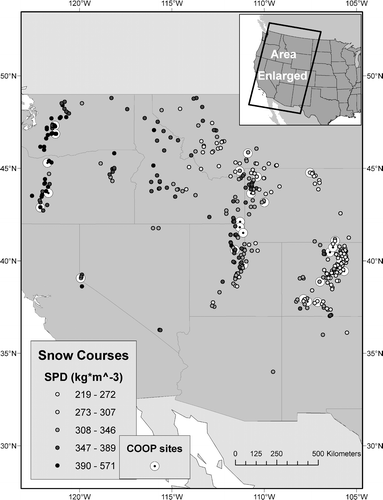 FIGURE 1 Snow courses (shaded dots indicating average April 1 SPD in kg m−3) and COOP sites (white circle with center dot) with 15 or more years of quality-controlled data. All COOP sites shown here are within 50 m of elevation and 0.5° latitude and longitude of a snow course. All sites depicted were used in the composite analysis described in the methods section.