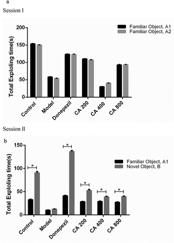 Figure 4. A and b: Effect of different doses of Centella asiatica on the preference of both familiar objects (Session I) (a) and preference of familiar and novel object after 30 minutes (session II) (b) of introductory session. Data were analyzed using independent sample t-test. *P < 0.05. Control (distilled water + normal saline), Model (AlCl3 70 mg/kg. bwt), Donepezil (Donepezil 10 mg/kg + AlCl3 70 mg/kg.bwt), CA 200 (200 mg/kg.bwt + AlCl3), CA 400 (400 mg/kg.bwt + AlCl3) and CA 800 (800 mg/kg.bwt + AlCl3).