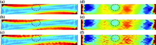 Figure 9. Maps of axial strain and shear modulus. Axial strain was calculated from axial displacements with (a) no noise, (b) 2% noise and (c) 4% noise; shear modulus was calculated from axial displacements with (d) no noise, (e) 2% noise and (f) 4% noise. Damaged regions are marked by the dotted line. Damaged regions are marked by the dotted line, and data-to-colour transformations were defined based on the mean and standard deviation of values in each map to remove bias towards maps with larger values.