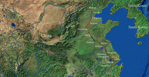 Figure 1.  Modern course of the Grand Canal of China. The red line denotes the course of the Grand Canal of China, while the blue lines denote the course of the major natural rivers.