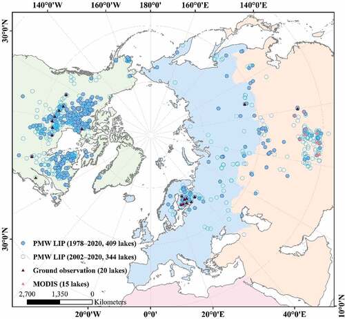 Figure 1. The distribution of the 753 lakes in the Northern Hemisphere that were the subject of this study. The dark/light blue circles represent different types of data coverage and the dark/light red triangles represent the use of different verification data.