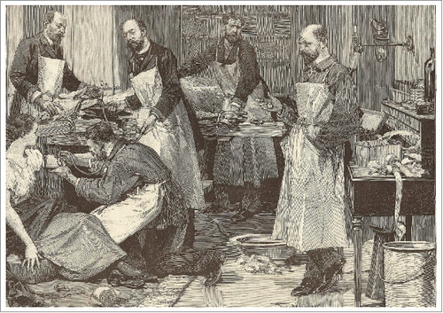 Figure 3. Transfusion of blood from a goat to a consumptive (tuberculous) woman by Samuel Bernheim (1855–1915) (L'Illustration. 1891 Mar 7;2506:213. Fonds Watier, Rabelais Fundation; University Library of Medicine, Université François-Rabelais de Tours). Samuel Bernheim, transfusing goat's blood directly to humans, tried a variant of the method of 2 researchers from Nantes (France), Georges Bertin (1833–1916) and Jules Picq.Citation89 Bertin and Picq worked on blood transfusion against tuberculosis from 1890.Citation90 Like Richet and Héricourt, they focused on this dreadful illness, but contrarily to them, they only tried a transfer of innate (natural) immunity, considering goats as naturally resistant against tuberculosis. Bertin and Picq are the inventors of the word “hématothérapie,” which was widely used in France at that time.Citation91 They were also the first to perform a blood injection (subcutaneously) to a human being with tuberculosis, on the 3rd of December 1890.Citation92 This operation caused a sensation worldwide, as witnessed by a New York Times article in January 1891.Citation93
