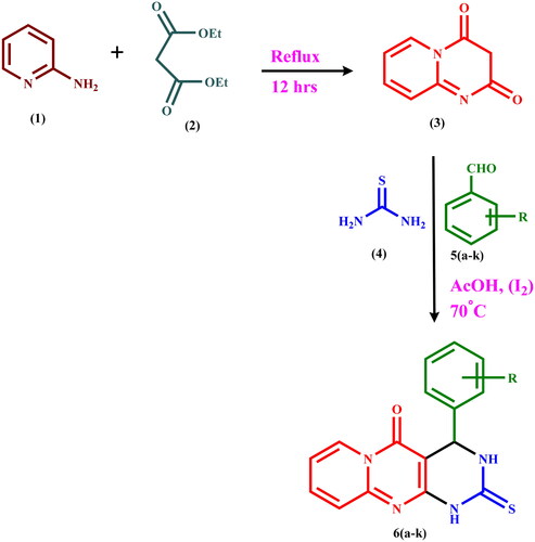 Scheme 1. Synthetic Route for 4-substituted-2-thioxo-3,4-dihydro-1H-pyrido[1,2-a]pyrimido[4,5-d]pyrimidin-5(2H)-ones 6(a–k).