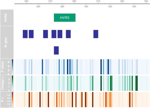 Figure 5. Diversifying selection per codon. Hyphy MEME metrics indicating the strength and distribution of diversifying selection for every codon position. The scale at the top shows the residue position for the S-protein of the Beaudette reference. The relative position of HVR3 is also indicated, as well as the positions of predicted N-glycosylation sites. The upper heat map panel shows minus log10 transformed P-value for episodic diversification. The middle panel shows the log10 transformed strength of diversifying selection (ω+) and the lower panel shows the proportion of branches under diversifying selection (p+).