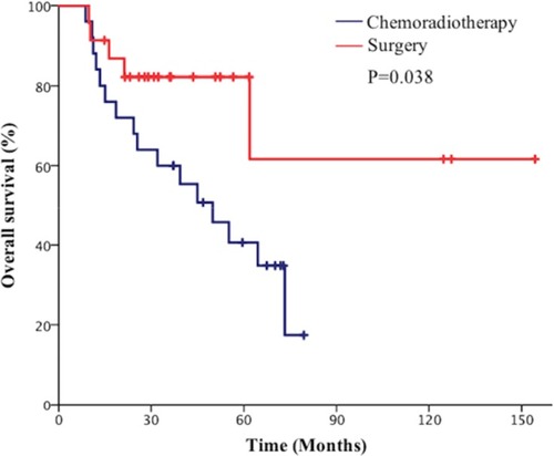 Figure 4 Comparison of overall survival (OS) of patients with p-stage I small cell lung cancer (SCLC) between the surgical group and chemoradiotherapy group.