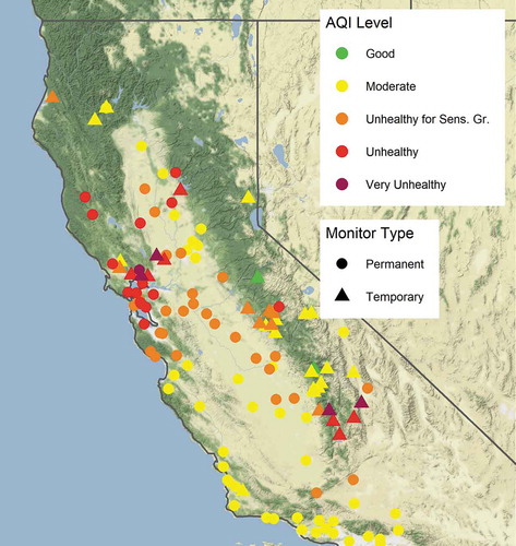 Figure 2. Locations of PM2.5 air quality monitors. Circles are permanent monitors from the EPA AQS System. Triangles are temporary monitors deployed for wildfires. The circles and triangles are color-coded by the Air Quality Index by the maximum measured 24-hr average PM2.5 value during the October 6–20, 2017 time period