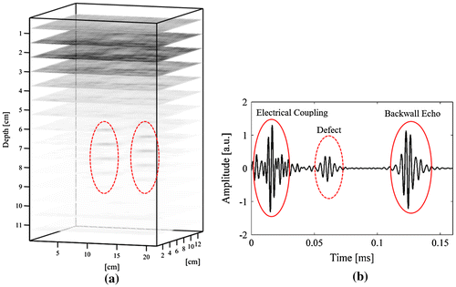 Figure 15. (a) 3-Dimensional imaging of the polyurethane sample. The two red ellipses that appear at depths of 6–9 cm indicate the location of the defects. (b) Typical PuC output in the form of an impulse response acquired from the polyurethane sample in the presence of a defect.