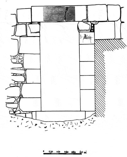 Figure 5. The façade of the northern entrance of the North Church from the narthex to the church hall and the location of a horse rider graffito (drawing by Avishay Blumenkrantz).
