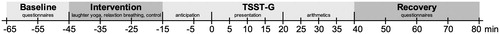 Figure 1. Overview of the study procedure. In total, 20 saliva samples and subjective stress ratings were taken. TSST-G: modified version of theTrier Social Stress Test for Groups.