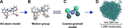 Figure 6 Course of mesoscale simulation predicting nano-particle of DEBIC.Notes: (A) All atom model. (B) Motion group. (C) Coarse-grained model. (D) 1,086 molecules assembled into nanospheres with a diameter of 144.394 nm.Abbreviation: DEBIC, dimethyl 2,2′-[2,2′-(ethane-1,1-diyl)bis(1H-indole-3,2-diyl)]diacetate.