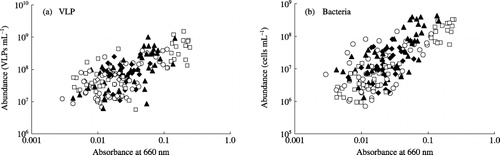 Figure 4  Relationships between (a) virus-like particles (VLPs) and (b) bacterial abundance and floodwater turbidity in a plot without fertilizer (○), a plot with chemical fertilizers (□), a plot with chemical fertilizers and lime (⧫) and a plot amended with chemical fertilizers, lime and compost (▴) during the rice cultivation period. Correlation coefficients were 0.688 (significant at the 1% level) between the abundance of VLPs and the floodwater turbidity and 0.691 (significant at the 1% level) between the abundance of bacteria and the floodwater turbidity.