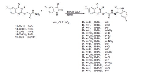 Scheme 2. Synthesis of quinazoline-isatin conjugates 16–34.