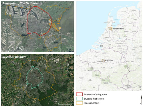 Figure 2. Location of case studies. Source: OIS (2018); Statbel (Citation2018); Esri (Citation2019). Design by author.