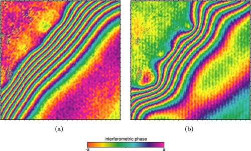 Figure 4. Phase signals in different double differential interferograms: (a) 20200621/20200703-20201019/20201031; (b) 20200621/20200703-20200820/20200901. Tides and local variations in ice thickness can make grounding lines undergo landward/seaward migration during short time periods. Consequently, there should be a position shift between the fringe bands of (a) and (b). Moreover, due to the presence of residual horizontal motions and atmospheric artefacts, (a) and (b) exhibit different fringe shapes.
