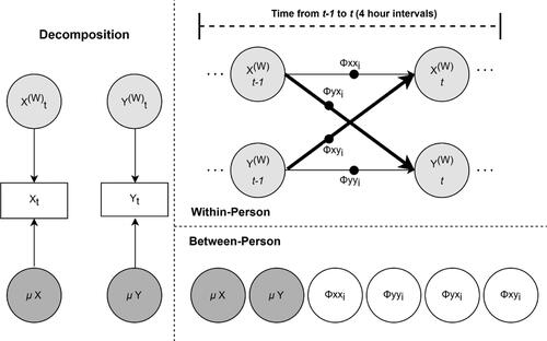 Figure 1. Multilevel dynamic structural equation model. (W) represents within-person estimates. Black dots indicate random effects. μ = Means. For simplicity, residual variances were not modeled as random.