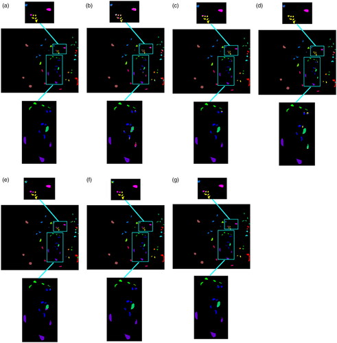 Figure 15. Classification maps of all methods on KSC dataset. (a) Ground truth. (b) DCNN(OA=88.23%) (c) DBDAnet (OA=98.5%) (d) SSRN (OA=94.53%) (e) EGNN (OA=92.13%) (f) AMGCFN (OA=98.25%) (g) MSDesGATnet (OA=99.46%). In (a)-(g), zoomed-in views of regions of bule were shown in above and bottom at each classification map.