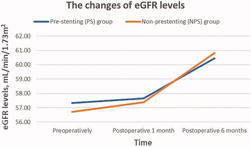 Figure 1. The changes in mean estimated glomerular filtration rate (eGFR) levels in the prior stenting group and non-stenting group. Both groups had an increase in mean eGFR levels compared with baseline levels.