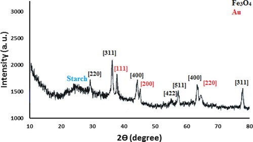 Figure 5. XRD pattern of Fe3O4/Starch-Au nanocomposite.