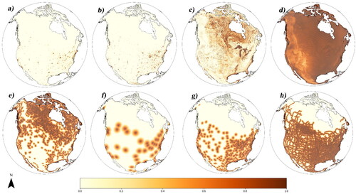 Figure 2. Criterion maps of North America only and based on suitability functions for each criterion: (a) GDP, (b) Population density, (c) Slope, (d) Elevation, (e) Proximity to coast & inland water bodies, (f) Proximity to commercial areas, (g) Proximity to existing urban areas, and (h) Proximity to major roads.