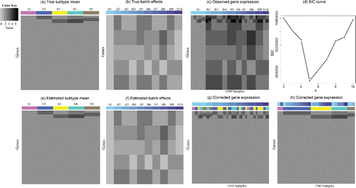 Figure 2. Patterns for Simulation III. (a) True subtype mean. Each row represents a gene, and each column corresponds to a subtype. There are in total 10,000 genes and five subtypes. (b) True batch effects. Each row represents a gene and each column corresponds to a batch. There are 10 batches in total. (c) Observed gene expression. Each row represents a gene and each column is a sample. There are 1560 samples. (d) BIC plot. (e) Estimated subtype mean. (f) Estimated batch effects. (g) Corrected gene expression grouped by batches. The samples are first ordered by batch (the top bar) and then ordered by subtype (the bottom bar). (h) Corrected gene expression grouped by subtypes. The samples are first ordered by subtype (the bottom bar) and then ordered by batch (the top bar).
