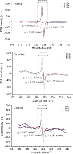 Figure 1 Radiation-induced ESR signals in freeze-dried paprika, cucumber, and cabbage samples.
