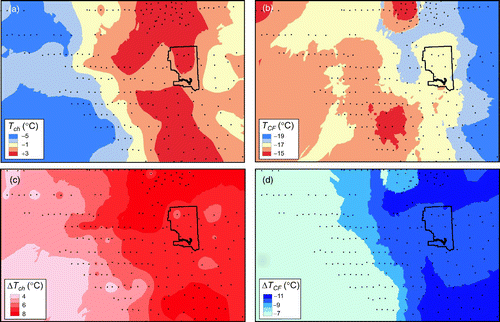 Fig. 11 Composite of chinook (panels on the left) and continental polar (panels on the right) temperature anomalies in the region: (a) mean temperature from 102 winter chinook events for 2005–09; (b) mean temperature from 102 cold air mass incursions for 2005–09; and (c) and (d) plot temperature anomalies relative to the mean winter temperatures. City of Calgary is outlined with a thick black line; FCA sites indicated with black dots.