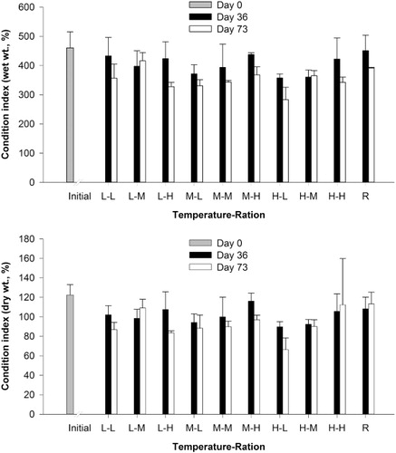 Figure 2 Mean condition indices (± SD) for wet and dry weight tissue of 2-year-old P. zelandica after 36 and 73 days of conditioning in three water temperatures (L = low, 7–8 °C; M = medium, 11–12 °C; H = high, 16–17 °C) and three feeding rations (10,000, 50,000 and 100,000 cells mL−1). Additional geoducks were sampled at the start of the experiment (Initial group) and others were conditioned in pond water as a comparative reference group (R).