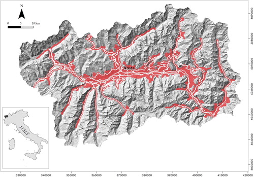 Figure 1. Aosta Valley Region elevation map. The AOI corresponds to the red area, white lines correspond to the regional road network.