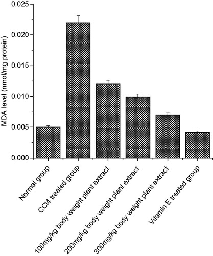 Figure 1. The effect of C. songarica methanol extract on rat kidney tissue homogenate lipid peroxidation in CCl4-treated rats. The data are presented as means ± SD for six animals in each observation and evaluated by one-way ANOVA followed by Bonferroni’s t-test to detect intergroup differences. Differences are considered to be statistically significant if p < 0.05.