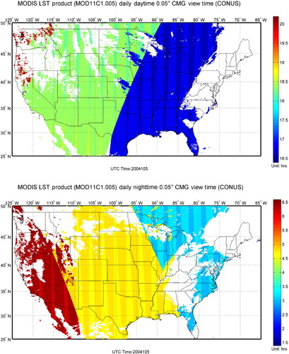 Figure 3. Terra/MODIS viewing time in UTC during day (upper) and night (lower) on 14 April 2004.