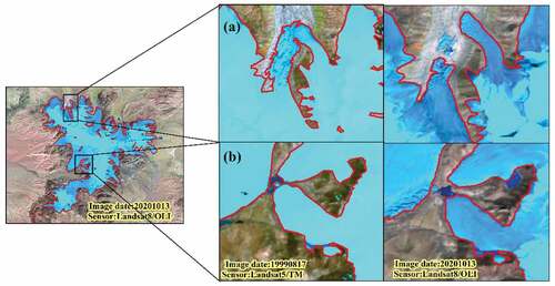 Figure 4. Enlarged view of the fragmented Purok Khangri Glacier: (a) northern and (b) western part (band combination: 7-5-4).