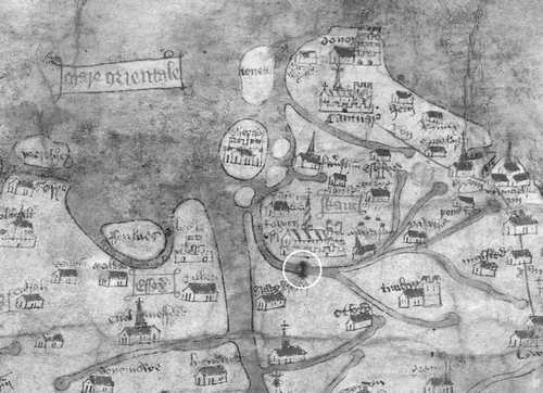 Fig. 1. Gough map, Bodleian Library, Oxford, Gough MS Gen. Top. 16. Manuscript. 55.3 × 116.4 cm. East at the top. Detail showing the Thames Estuary with parts of Essex (left) and Kent (right). The islands of Shephey (Sheppey, centre), Foulnes (Foulness, lower left), mereshey (Mersea, far left) and tenett (Thanet, top centre) are named. The cathedrals of Cantuar' (Canterbury) and Rowchester (Rochester) are prominent. Rochester Bridge over the Medway is circled. (Reproduced with permission from the Bodleian Library, Oxford.)