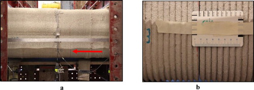 Figure 15. (a, b) Bending crack, becoming visible at 300 kN total load.