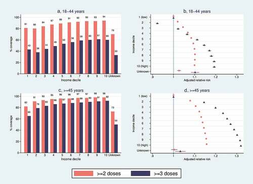 Figure 2. COVID-19 vaccination coverage for ≥ 2 doses (red bars/circles) and ≥ 3 doses (blue bars/triangles), by household income level. (a) Vaccination coverage (%) for individuals aged 18–44 y. (b) Adjusted relative risks for vaccination with associated 95% confidence intervals among individuals aged 18–44 y. (c) Vaccination coverage (%) for individuals aged ≥ 45 y. (d) Adjusted relative risks for vaccination with associated 95% confidence intervals among individuals aged ≥ 45 y.
