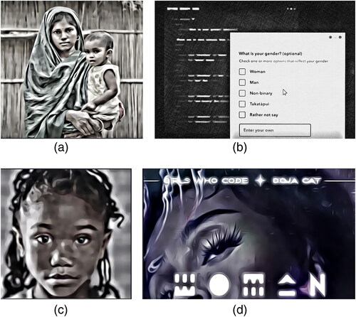 Figure A1. (a) Child Marriage Prevention Loan Campaign, IPDC Finance Ltd. & Amal Foundation, Grey Bangladesh, Dhaka. Pictured here: A young mother, a child bride, now with her own child. (b) Beyond the Binary Campaign, Spark, Colenso BBDO, Auckland, New Zealand. Pictured here: A depiction of the option to choose beyond binary (man/woman) categories online. (c) As Early As Five, Dove/Unilever, Ogilvy, London/SWIFT, Portland, United Kingdom. Pictured here: A young girl featured in the campaign who narrates the ad describing her struggle to combat race-based hair discrimination through the years. (d) DojaCode, Girls Who Code, MoJo Supermarket, New York, United States. Pictured here: Collaboration with musician Doja Cat to get girls interested in coding through a campaign that features the first-ever codable music video. (e) Signal for Help, Canadian Women’s Foundation, Juniper Park/TBWA, Toronto, Ontario, Canada. Pictured here: A woman uses the discreet hand gesture—the Signal for Help—to alert others during a video call that she is in threat of experiencing gender-based violence. (f) See Equal #SharetheLoad for Ariel, P&G India, BBDO India, Mumbai, India. Pictured here: An Indian woman is featured in the ad questioning the issues of equality surrounding household duties and gender roles. (g) Morning After Island, Grupo Estratégico PAE, Ogilvy Honduras, Tegucigalpa, Honduras. Pictured here: A Honduran woman stands on a wooden platform “island” in international waters where emergency contraception pills can be used legally.