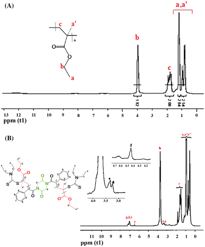 Figure 2. The 1H NMR spectra of TRP-PEMA (A) and RAFT-PEMA (B) in CDCl3.